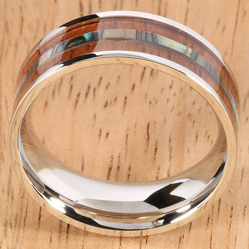 8mm Natural Hawaiian Koa Wood and Abalone Inlaid Stainless Steel Flat Wedding Ring - Hanalei Jeweler