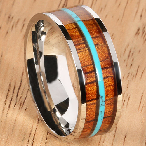 8mm Natural Hawaiian Koa Wood and Turquoise Inlaid Stainless Steel Flat Wedding Ring - Hanalei Jeweler