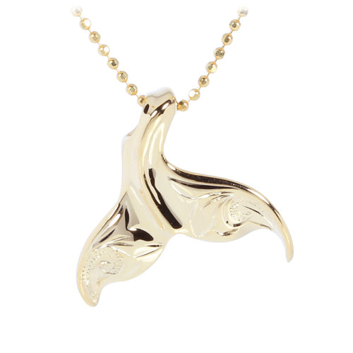 Yellow Gold Plated Sterling Silver Small Whale Tail Pendant Scroll Engraving - Hanalei Jeweler