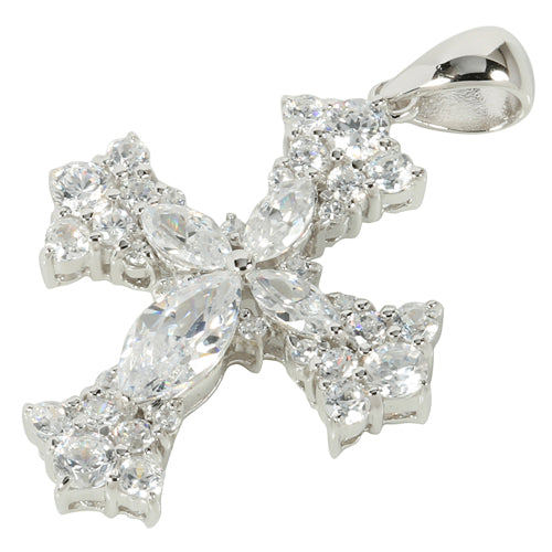 Sterling Silver Clear CZ Fancy Cross Pendant - Hanalei Jeweler