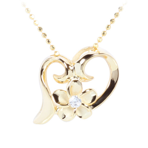 Yellow Gold Plated Sterling Silver Floating Heart with Plumeria Pendant - Hanalei Jeweler