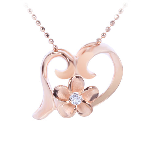Pink Gold Plated Sterling Silver Floating Heart with Plumeria Pendant - Hanalei Jeweler