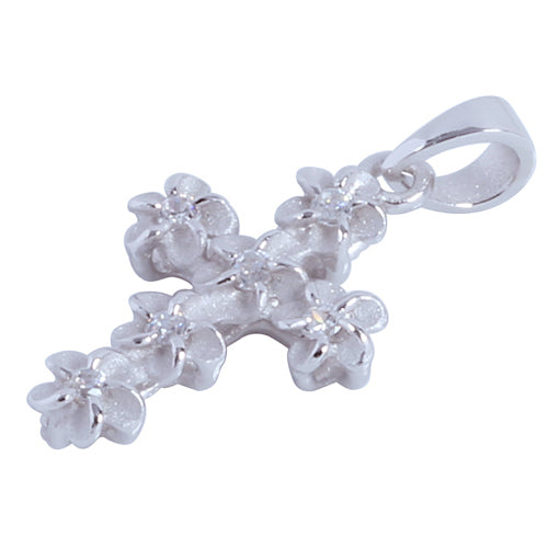 Sterling Silver Rhodium 4mm Plumeria Cross Pendant - Hanalei Jeweler