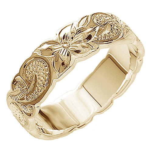 Hawaiian Jewelry 14K Yellow Gold 6mm Queen Scrolling Ring - Hanalei Jeweler