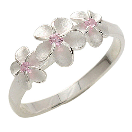 Three Plumeria 6-8-6mm Pink CZ Ring - Hanalei Jeweler