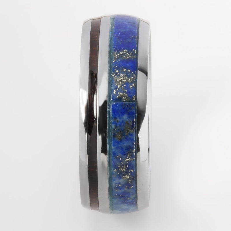 Tantalum with Koa Wood and Lapis Lazuli Inlaid Oval Wedding Ring 8mm