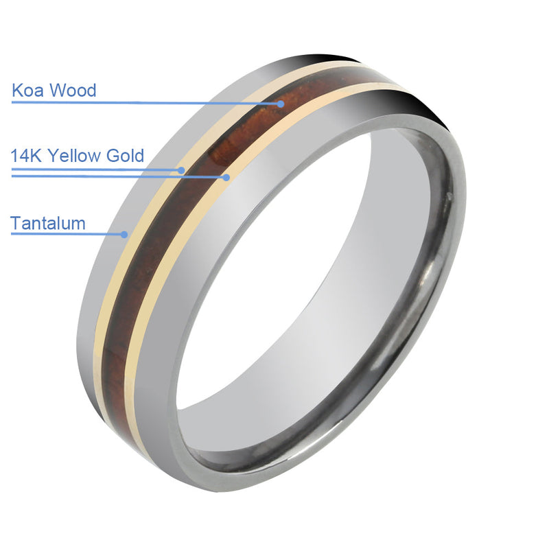 Tantalum with 14K Yellow Gold and Koa Wood Inlaid Wedding Ring Barrel 6mm