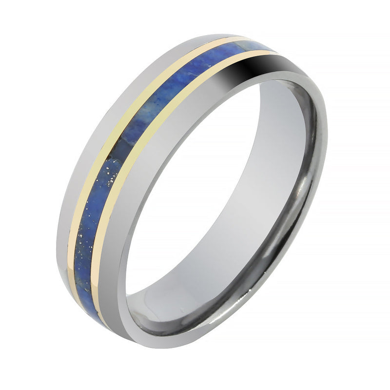 Tantalum with 14K Yellow Gold and Lapis Lazuli Inlaid Wedding Ring Barrel 6mm