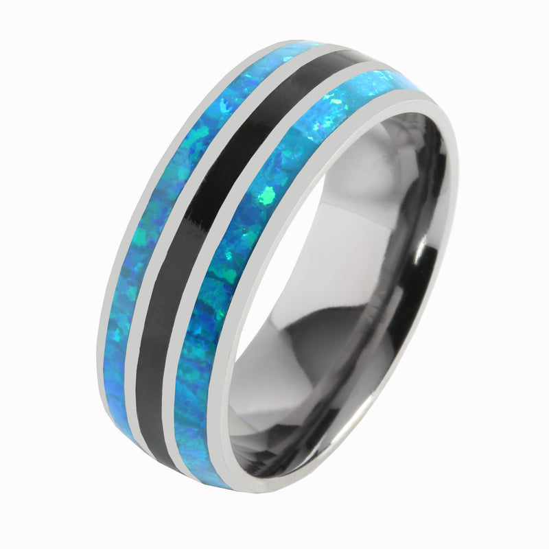 Tantalum with Blue Opal and Onyx Inlaid Wedding Ring Barrel 8mm