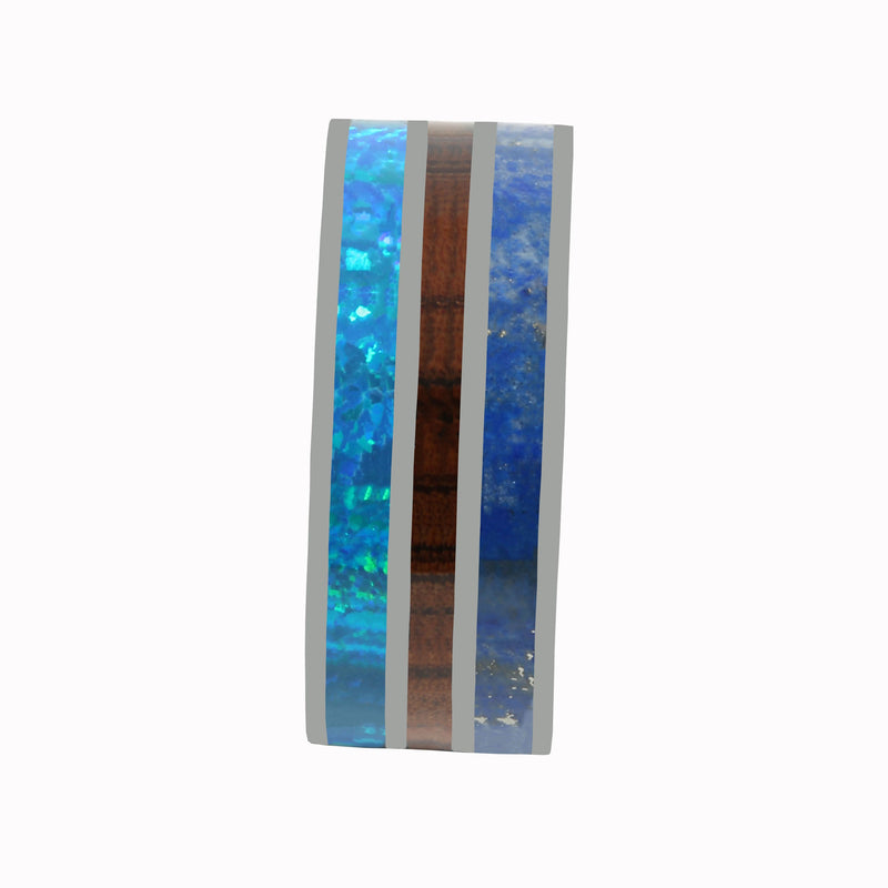 Tantalum with Lapis Lazuli, Blue Opal and Koa Wood Inlaid Wedding Ring Flat 10mm