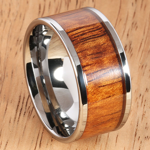Natural Hawaiian Koa Wood Inlaid Tungsten Wedding Ring Flat 12mm Band Hawaiian Ring - Hanalei Jeweler