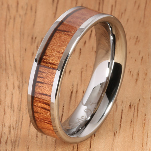 6mm Natural Hawaiian Koa Wood Inlaid Tungsten Flat Wedding Ring - Hanalei Jeweler