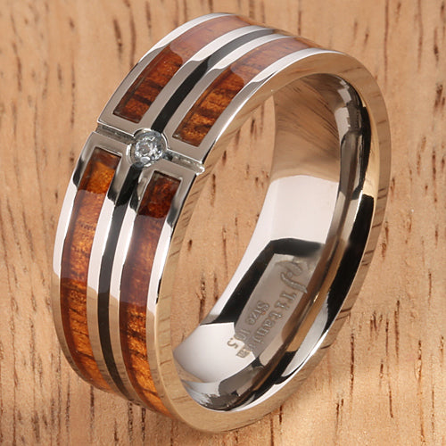 Koa Wood Titanium Wedding Ring with CZ Inlaid Mens Ring 8mm - Hanalei Jeweler