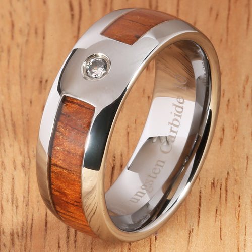8mm Natural Hawaiian Koa Wood Inlaid Tungsten with CZ Oval Wedding Ring - Hanalei Jeweler