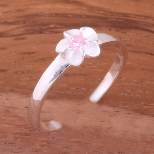 Single 4mm Plumeria with Pink CZ Toe Ring - Hanalei Jeweler