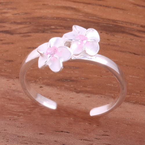Two 4mm Plumeria with Pink CZ Toe Ring - Hanalei Jeweler