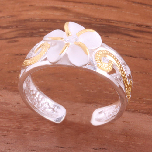 Hawaiian Scroll See Through Two Tone Yellow Gold Plated 8mm Plumeria with Clear CZ Toe Ring - Hanalei Jeweler