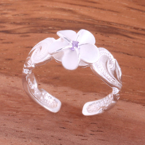 Hawaiian Scroll 8mm Plumeria with Purple CZ Cut Out Edge Toe Ring - Hanalei Jeweler