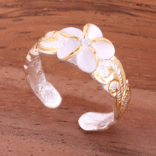 Hawaiian Scroll Two Tone Yellow Gold Plated 8mm Plumeria with Clear CZ Cut Out Edge Toe Ring - Hanalei Jeweler