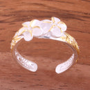 Hawaiian Scroll Two Tone Yellow Gold Plated Two 6mm Plumeria with Clear CZ Smooth Edge Toe Ring - Hanalei Jeweler
