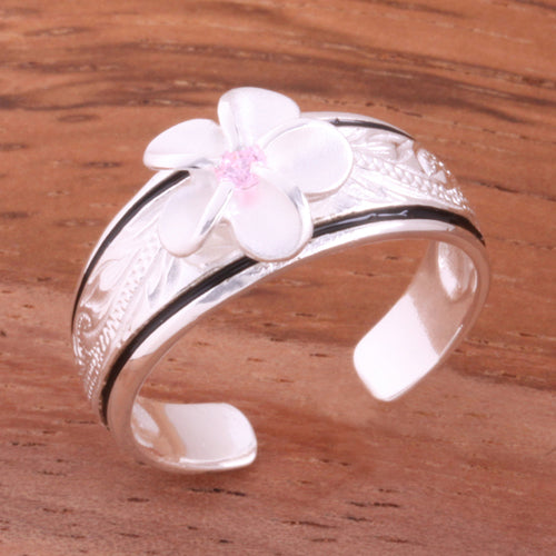 Hawaiian Scroll Black Border 8mm Plumeria with Pink CZ Smooth Edge Toe Ring - Hanalei Jeweler