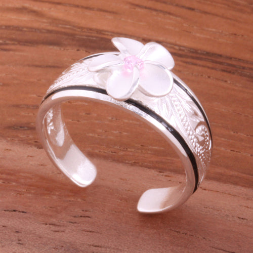 Rhodium Plated .925 Sterling Silver Toe Ring – Hawaiian Plumeria CZ Heritage – Adjustable