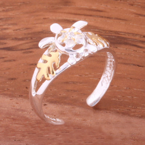 Two Tone Yellow Gold Plated Honu and Plumeria with Clear CZ Toe Ring - Hanalei Jeweler