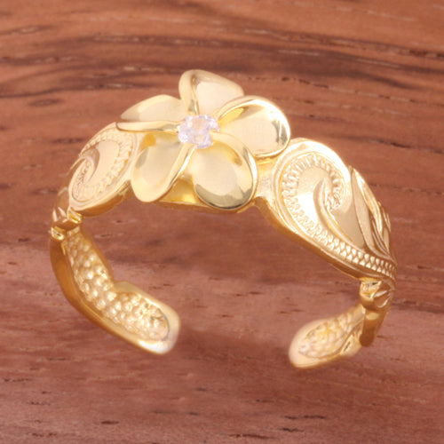 Hawaiian Scroll Yellow Gold Plated 8mm Plumeria with Clear CZ Cut Out Edge Toe Ring - Hanalei Jeweler