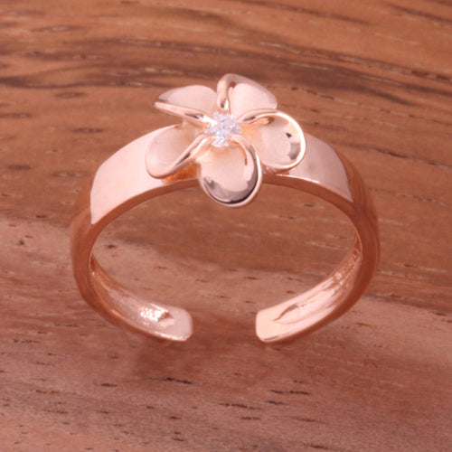 Pink Gold Plated 8mm Plumeria with Clear CZ Toe Ring - Hanalei Jeweler