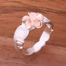 Hawaiian Scroll Two Tone Pink Gold Plated 8mm Plumeria with Clear CZ Cut Out Toe Edge Ring - Hanalei Jeweler