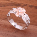 Hawaiian Scroll Two Tone Pink Gold Plated 8mm Plumeria with Clear CZ Cut Out Toe Edge Ring - Hanalei Jeweler