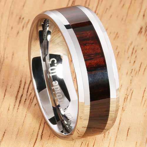 8mm Cocobolo (Red Wood) Inlaid Tungsten Beveled Edge Wedding Ring - Hanalei Jeweler