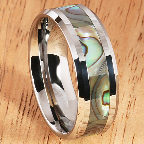 8mm Abalone Shell Inlaid Tungsten Beveled Edge Wedding Ring - Hanalei Jeweler