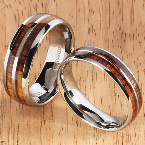 8mm Natural Hawaiian Koa Wood Inlaid Tungsten Double Row Wedding Ring - Hanalei Jeweler