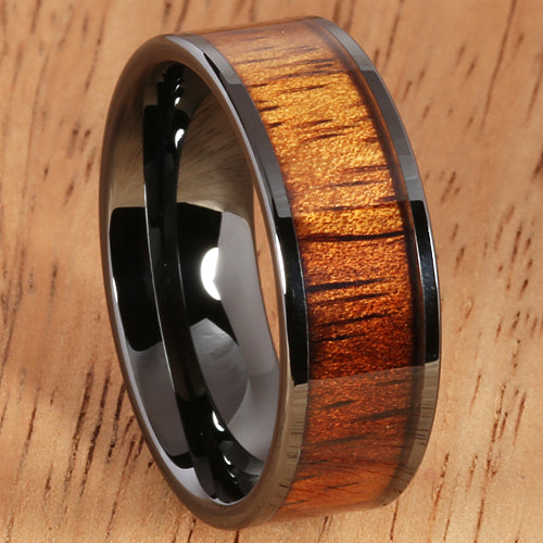 8mm Natural Hawaiian Koa Wood Inlaid High Tech Black Ceramic Flat Wedding Ring - Hanalei Jeweler