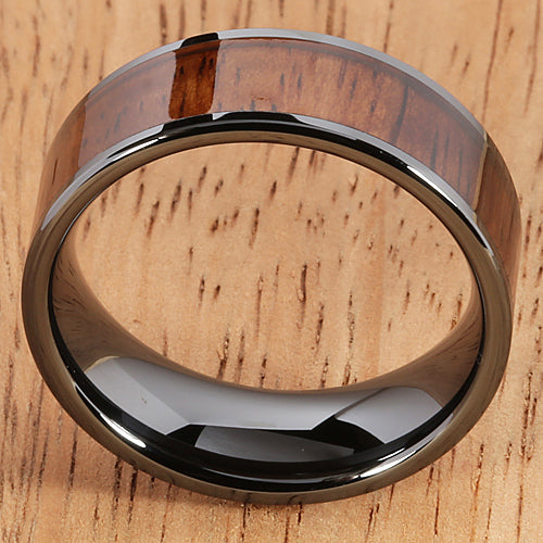 8mm Natural Hawaiian Koa Wood Inlaid High Tech Black Ceramic Flat Wedding Ring - Hanalei Jeweler