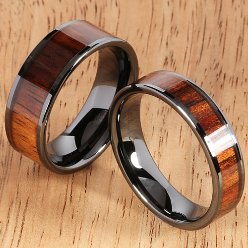 6mm Natural Hawaiian Koa Wood Inlaid High Tech Black Ceramic Flat Wedding Ring - Hanalei Jeweler