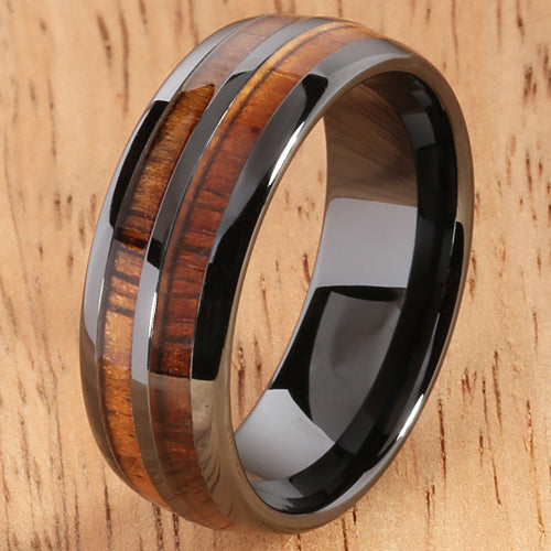 8mm Natural Hawaiian Koa Wood Inlaid High Tech Black Ceramic Double Row Wedding Ring - Hanalei Jeweler