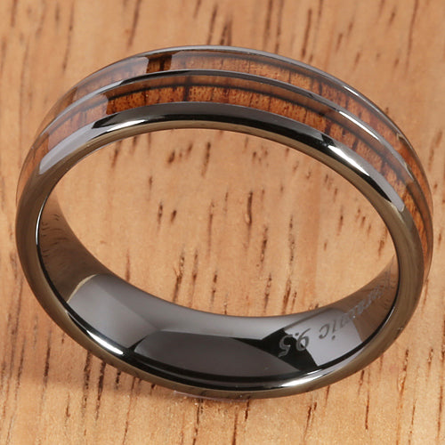 6mm Natural Hawaiian Koa Wood Inlaid High Tech Black Ceramic Double Row Wedding Ring - Hanalei Jeweler