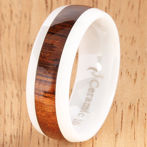 8mm Natural Hawaiian Koa Wood Inlaid High Tech White Ceramic Oval Wedding Ring - Hanalei Jeweler