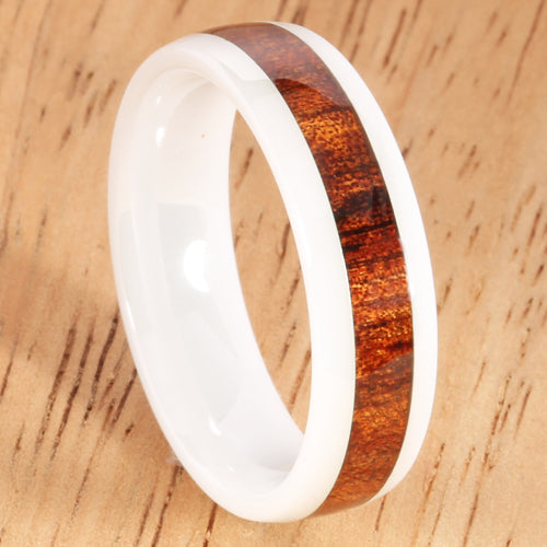 6mm Natural Hawaiian Koa Wood Inlaid High Tech White Ceramic Oval Wedding Ring - Hanalei Jeweler