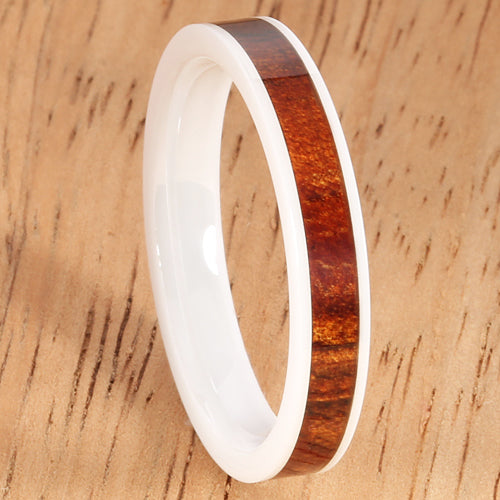 4mm Natural Hawaiian Koa Wood Inlaid High Tech White Ceramic Flat Wedding Ring - Hanalei Jeweler