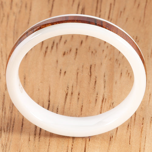 4mm Natural Hawaiian Koa Wood Inlaid High Tech White Ceramic Barrel Wedding Ring - Hanalei Jeweler
