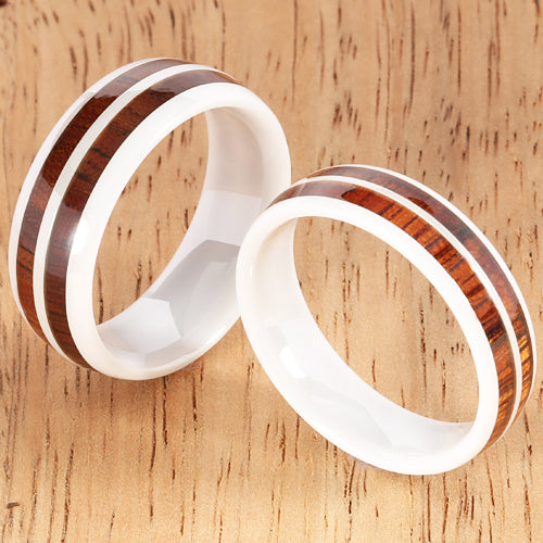 8mm Natural Hawaiian Koa Wood Inlaid High Tech White Ceramic Double Row Wedding Ring - Hanalei Jeweler