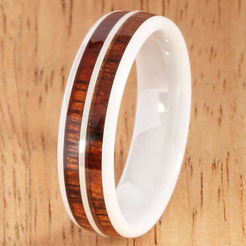6mm Natural Hawaiian Koa Wood Inlaid High Tech White Ceramic Double Row Wedding Ring - Hanalei Jeweler