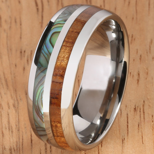 Koa Wood Abalone Tungsten Two Tone Wedding Ring Half Wood/Shell Barrel Shape Ring Set - Hanalei Jeweler