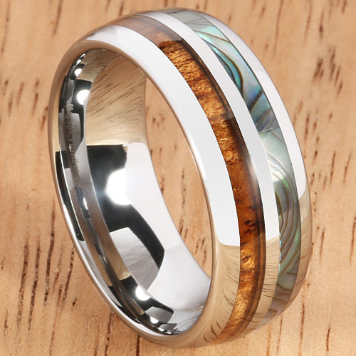 Koa Wood Abalone Tungsten Two Tone Mens Wedding Ring Half Wood/Shell 8mm Barrel Shape Hawaiian Ring - Hanalei Jeweler