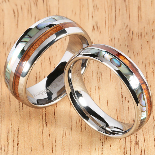 Koa Wood Abalone Tungsten Two Tone Wedding Ring Half Wood/Shell 6mm Barrel Shape Hawaiian Ring - Hanalei Jeweler