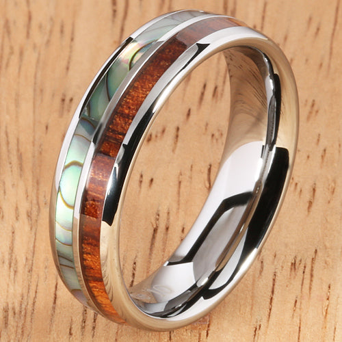 Koa Wood Abalone Tungsten Two Tone Wedding Ring Half Wood/Shell Barrel Shape Ring Set - Hanalei Jeweler