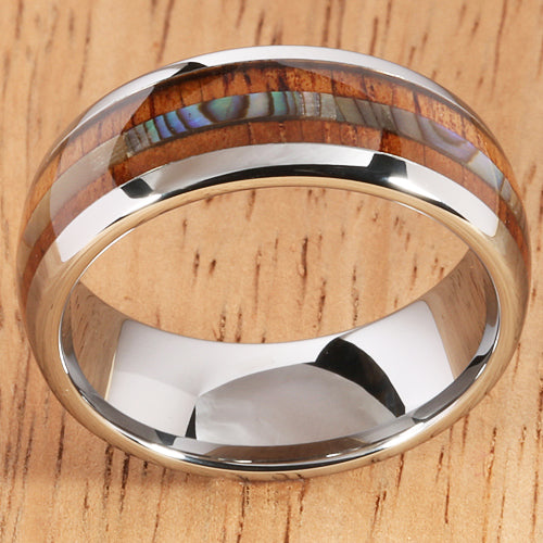 Koa Wood Abalone Tungsten Two Tone Wedding Ring Central Abalone 8mm - Hanalei Jeweler